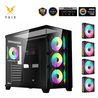 RUIX OV403 ATX 中塔式電腦機箱，預裝 4*120 毫米稜鏡 ARGB PWM 風扇和顯示卡支架，三麵鋼化玻璃