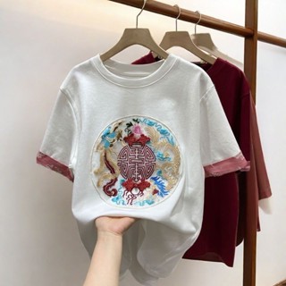 免運💕女著【純棉 棉T】純棉刺繡特大碼300斤短袖t恤男女氛圍感vintage緞面拼接胖mm上衣💕莎莎購物