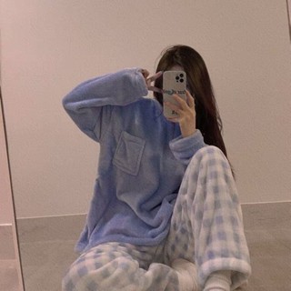 法蘭絨睡衣家居服套裝韓版可愛睡衣女[D1123]冬季法蘭絨睡衣女網紅ins新款冬季加厚休閒珊瑚絨長袖家居服套裝