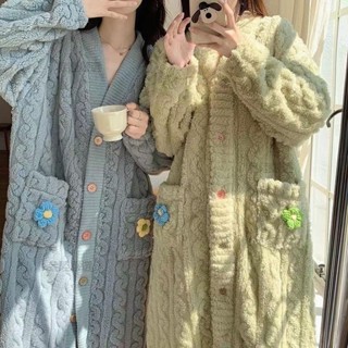 ⭐ 【熱賣推薦】桃園倉珊瑚絨睡袍女秋冬季長款彩色花連衣裙加絨加厚法蘭絨浴袍睡衣外套b