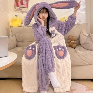 法蘭絨睡袍可愛家居服保暖睡衣長款睡袍[D1226]睡衣女秋冬季新款中長款保暖珊瑚絨學生宿捨可外穿加絨加厚套裝