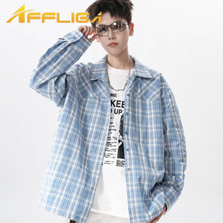 ✦AFFLIGA✦2025夏季新款男士藍色條紋格紋襯衫男士古巴領口長袖襯衫男士百搭襯衫外套