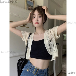 湯圓女裝-冰絲防曬針織短袖開衫薄款夏季鏤空小坎肩配弔帶裙披肩外搭上衣女/空調衫/防曬衣/罩衫/外套kerta