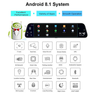 HGDO 12 英寸 4G ADAS 汽車 DVR 攝像頭 Android 8.1 流媒體後視鏡全高清 1080P Wi