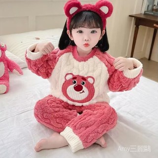 睡衣兒童女孩卡通小熊頭睡衣珊瑚絨保暖女寶寶法蘭絨冬家居服套裝