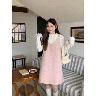 💜高氣質 秋季新款女溫柔甜美毛珍珠吊帶連衣裙 木耳邊圓領打底衫上衣兩件套 小香風洋裝 小香風連衣裙 小香風套裝 連身裙