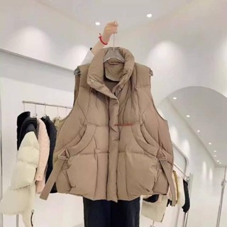 免運 抗寒-30°真羽絨 韓國東大門 2024冬新款短羽絨服馬甲女立領加厚寬鬆三角扣飄帶白鴨絨背心外套出國 北海道 旅遊