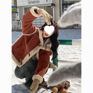 【冬天必備】紅色皮毛一體羊羔毛短外套2024冬季新款加絨加厚保暖燈芯絨棉服女防風外套 保暖外套
