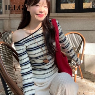 IELGY 撞色條紋長袖t恤女百搭露肩修身上衣