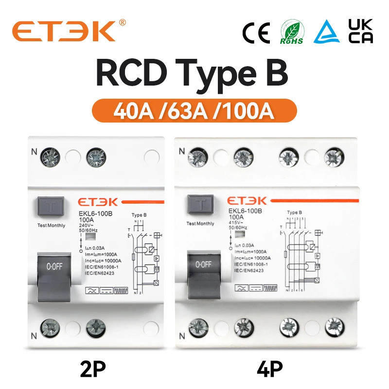 ETEK RCD RCCB B 型漏電剩余電流斷路器 Evse 2P 4P 40a 63a 100a 30ma 300m