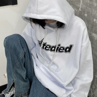胖胖美依 S-4XL 大碼女裝 字母印花上衣 學院風 連帽T卹 大尺碼上衣 新款連帽慵懶風外套ins潮牌美式-2190.