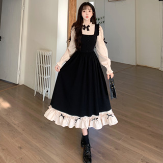 M-4XL 日系洛麗塔穿搭 泡泡袖蝴蝶結白杏色打底連身裙+背帶裙兩件式套裝 兩件式洋裝 秋冬女裝 大尺碼洋裝 梨形身材