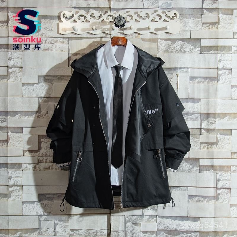 冬季新品🏆🏆SOINKU日係cityboy風衣外套男黑色潮百搭秋季工裝連帽衝鋒衣夾剋 YCJ6