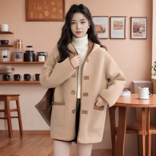 2024冬季新款卡其色加厚連帽棉服女皮毛一體兩麵穿寬鬆氣質外套潮