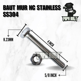 304 不銹鋼六角螺母螺栓 5/8 x 4 鍵 23 螺紋粗 UNC 英寸
