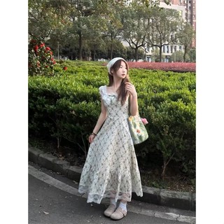 【奇奇樂百貨店】森系超仙蕾絲拼接復古長裙 洋氣少女感 遮肚子 方領洋裝