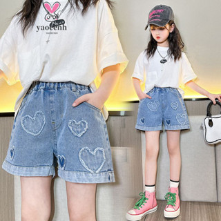 【YAOEENH】100-160CM 夏季女童寬鬆休閒短褲 中大童軟牛仔高腰短褲外穿 現貨 快速出貨