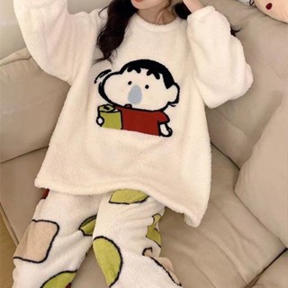 🚀臺現🚀 冬季 居家服 睡衣 秋冬季珊瑚絨睡衣女新款蠟筆小新加厚法蘭絨可外穿居家服套裝