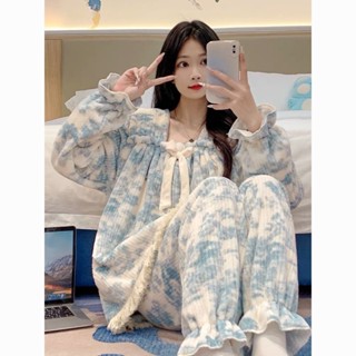 珊瑚絨睡衣女冬季加厚甜美可愛公主法蘭絨長褲休閒女士家居服套裝