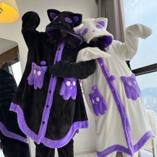 ins韓版幽靈貓帶尾巴睡袍女冬季新款連帽珊瑚絨加厚可愛長袍睡衣