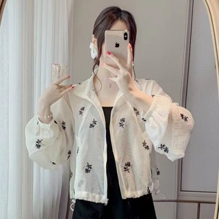 現貨速發#韓版上衣 女生著裝薄款防曬衣外套2025夏季新款短版刺繡小外套時尚寬鬆休閒外搭上衣潮長袖上衣