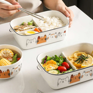 便當盒 tempat nasi 便攜微波飯盒 陶瓷分格飯盒微波爐加熱上班族帶蓋可愛卡通學生保鮮碗方形便當盒