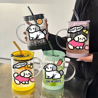 大容量1000ml玻璃杯 ins學生吸管杯 辦公室咖啡杯 卡通馬克杯可愛水杯