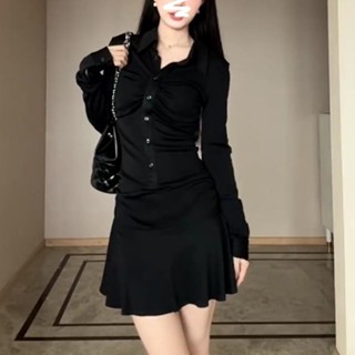 衣時尚 長袖洋裝 搭配大衣 洋裝S-3XL 新款美式polo領長袖洋裝子女顯瘦收腰襯衫裙小黑裙短裙4F120-9998.