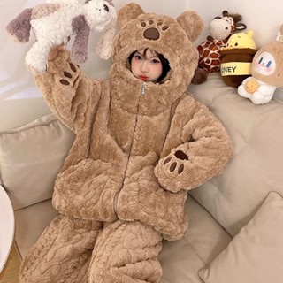 秋冬睡衣 加厚保暖睡衣 珊瑚絨睡衣 女款加絨居家服 厚實保暖睡衣褲 法蘭絨熊掌睡衣睡褲 可愛卡通家居服套裝