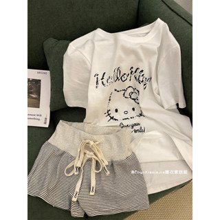 可愛Kitty 印花白色短袖睡衣女夏季2025年新款印花短袖印花家居服套裝Cute Kitty 印花白色睡衣kenan5