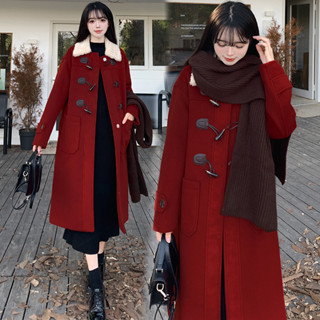 酒紅色毛呢外套2023年秋冬韓係大碼女裝胖MM新年婚禮加厚呢子大衣