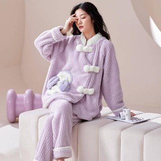 胖mm2-300斤秋冬復古扣珊瑚絨睡衣女寬鬆大碼紫色兔子家居兩件套珊瑚絨睡衣 法蘭絨睡衣 冬季睡衣 保暖衣 棉衣 睡衣