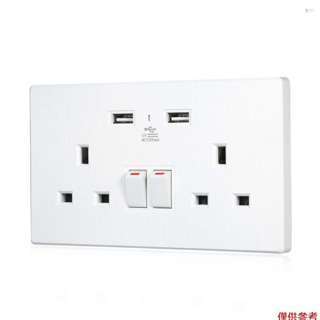 Yoh 2 單元雙插頭插座 13A 帶 2 5V 2.4A USB 端口牆壁開關