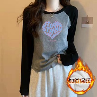 胖胖美依 上衣 長袖t卹 印花上衣 中大尺寸 發熱衣 保暖 m-3xl新款修身內搭加絨打底衫顯瘦插肩德絨上衣-2544.