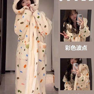 優美優品 珊瑚絨 韓版 彩色波點印花睡衣 刷毛 加厚 毛絨睡袍 家居服 時尚 百搭 睡裙