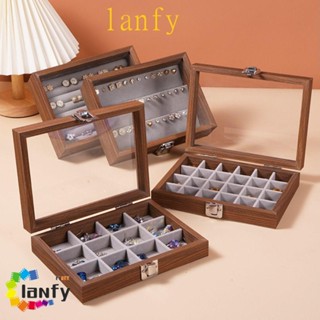 LANFY木製首飾盒,天鵝絨簡單的珠寶收納盒,戒指盒玻璃蓋大容量耳環珠寶展示託盤珠寶首飾儲存