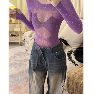歐美性感ins上衣女性辣妹高彈透視修身長袖鏤空連體衣跳舞
