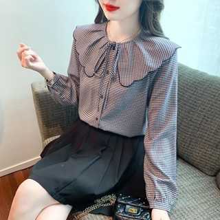韓版女士格子長袖襯衫女秋裝2025秋季新款寬鬆顯瘦襯衫娃娃領上衣20250508