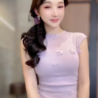 Balamy 冰絲針織短袖T恤女夏新款氣質百搭修身立體花朵獨特漂亮短款上衣