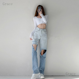 臺灣齣貨Grace歐美風破洞漸變牛仔褲 直筒褲高腰褲 寬鬆垂感美式復古乞丐闊腿褲 拖地褲 丹寧褲 女生破褲 顯腿長女生長