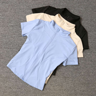 polo衫女 有領排汗衫 冰絲 polo衫 瑜伽服女緊身t恤運動短袖跑步訓練普拉提立領拉鍊健身服外套秋季