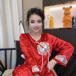 睡衣金絲絨新中式中式扣寬鬆大碼家居服睡衣女金絲絨新中式風盤扣寬鬆大碼家居服套裝女可外出5.21