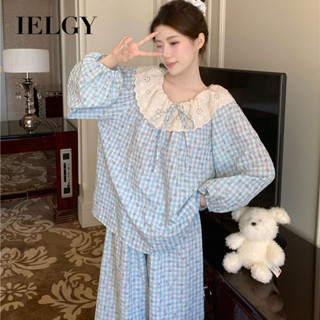 IELGY 女士甜美蕾絲碎花格子睡衣家居服套裝