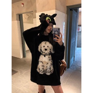 💖臺灣出貨💖 黑色秋冬新款高階感毛衣女 加厚保暖針織毛衣 斑點狗提花針織衫 寬鬆慵懶長袖上衣 中長款毛衣 女裝