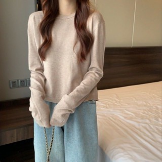 《現貨下單》短版內搭針織衫女秋季新款寬鬆圓領打底衫長袖毛衣白色上衣