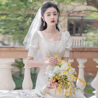 ⚡[MOMO新娘婚紗][免運][限時下殺]法式高階感輕婚紗領證小白裙日常訂婚禮服平時可穿小個子連衣裙