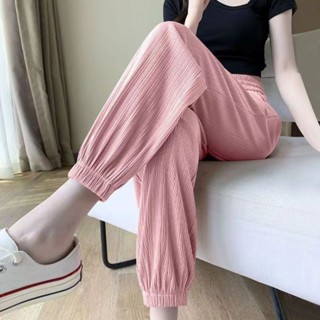 【新品促銷】 冰絲運動褲女寬鬆束腳夏季薄款休閒棉褲垂墜感顯瘦大尺碼闊腿燈籠褲女