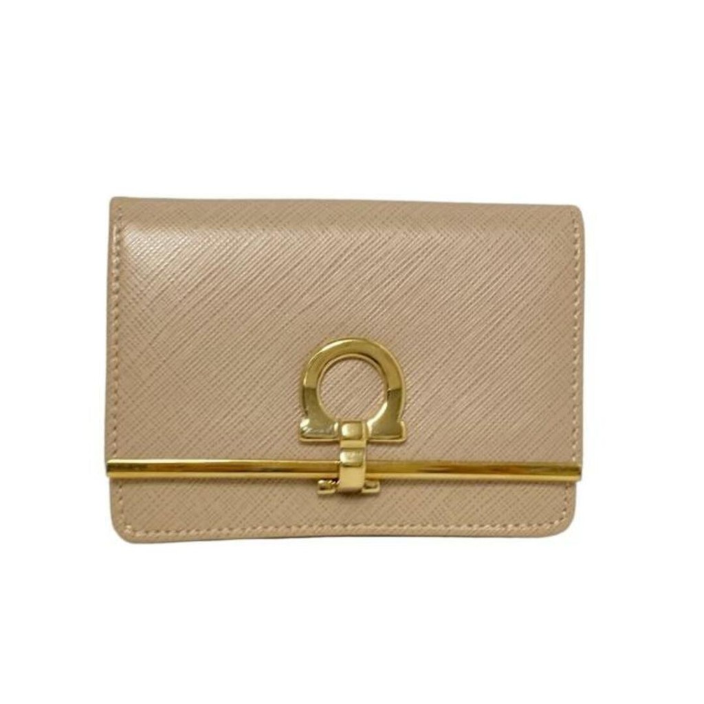 Salvatore Ferragamo gold KEY ato Aga A M O R AG 名片夾 金 米色 皮革