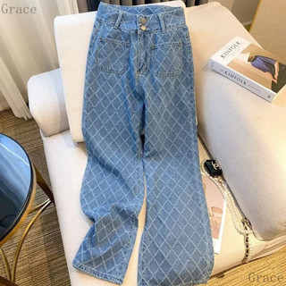 臺灣齣貨菱格高腰牛仔褲女寬鬆修身百搭直筒闊腿褲grace