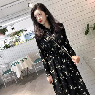 現貨.長洋裝 韓版雪紡碎花洋裝2024春季新款女裝洋氣收腰顯瘦氣質長款長袖小黑裙 長洋 吊帶裙 裙子 大尺碼 a字裙